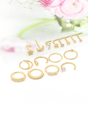 16入組/套時尚不銹鋼方晶鋯石裝飾鼻環適合女士日常裝飾