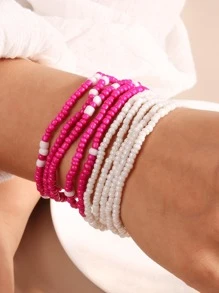 10pcs/set Minimalist Beaded Bracelet - Hot Pink - View 1