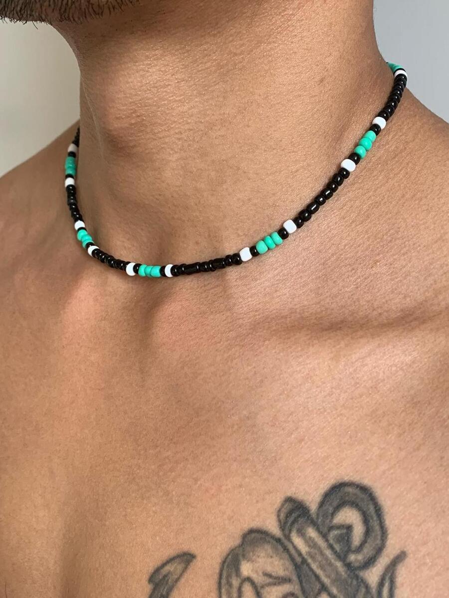 1pc Fashion Glass Color Block Beaded Necklace For Men For Daily Decoration, For Jewelry Gift And Party - Turquoise - View 1