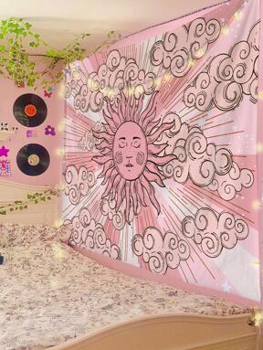 1 ชิ้น ผ้าปูผนัง ลายเมฆและดวงอาทิตย์, ผ้าพื้นผนังสำหรับตกแต่งบ้าน, ธงสำหรับห้อง, ของตกแต่งห้อง, ผ้าปูผนัง, ศิลปะติดผนัง, ของใช้ในห้อง, ธงสำหรับห้อง, ของตกแต่งบ้าน, ผ้าปูผนัง, ผ้าปูผนังสีชมพู