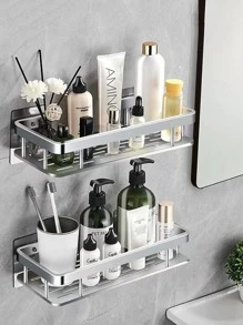 1pc Aluminum Wall Mounted Bathroom Storage Rack, Minimalist Silver Shelving Storage Unit For Bathroom Laundry - Silver - View 4