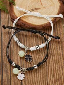 2入組/套前衛鋅合金四葉草吊墜夜光細繩手鏈適用於情侶適合情人節禮品 - 彩色 - 查看 1