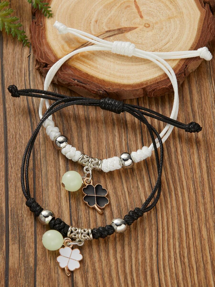 2入組/套前衛鋅合金四葉草吊墜夜光細繩手鏈適用於情侶適合情人節禮品 - 彩色 - 查看 1