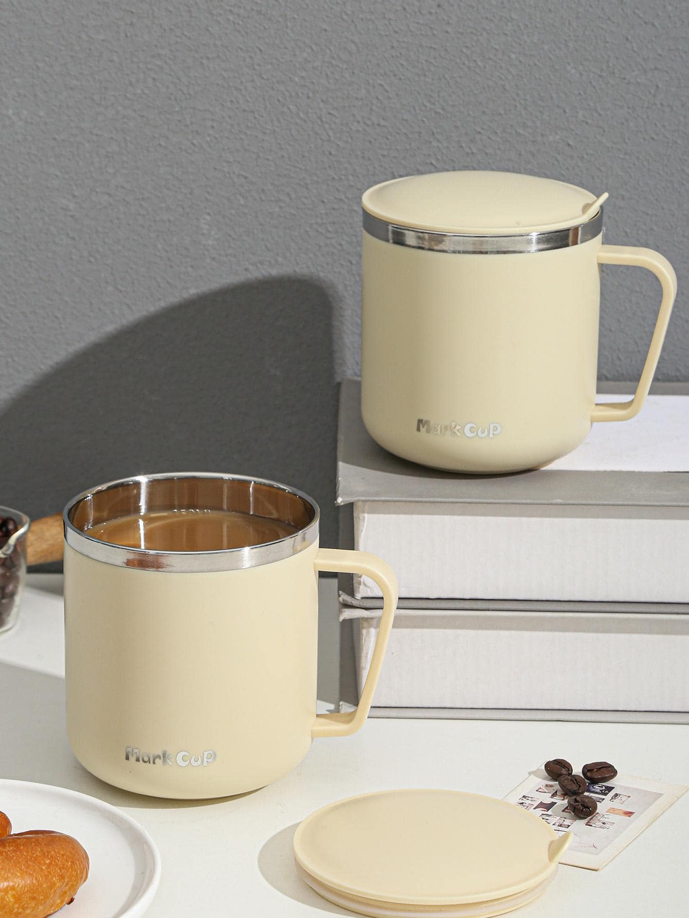 1入組帶蓋不銹鋼杯現代辦公用雙層水杯 - 白色 - 查看 1