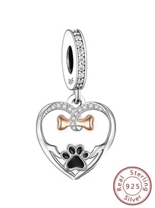 1 件精美 Diy 珠寶吊墜,適合愛狗人士,男士和女士風格,925 純銀,心形、骨形和爪印設計
