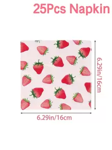 25pcs Strawberry Pattern Pink Disposable Paper Napkins, Suitable For Holiday Birthday Party Supplies, Christmas Theme - Multicolor - View 3
