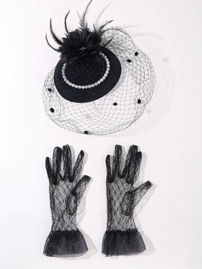 Feather Decor Hat & Mesh Gloves Halloween Witch