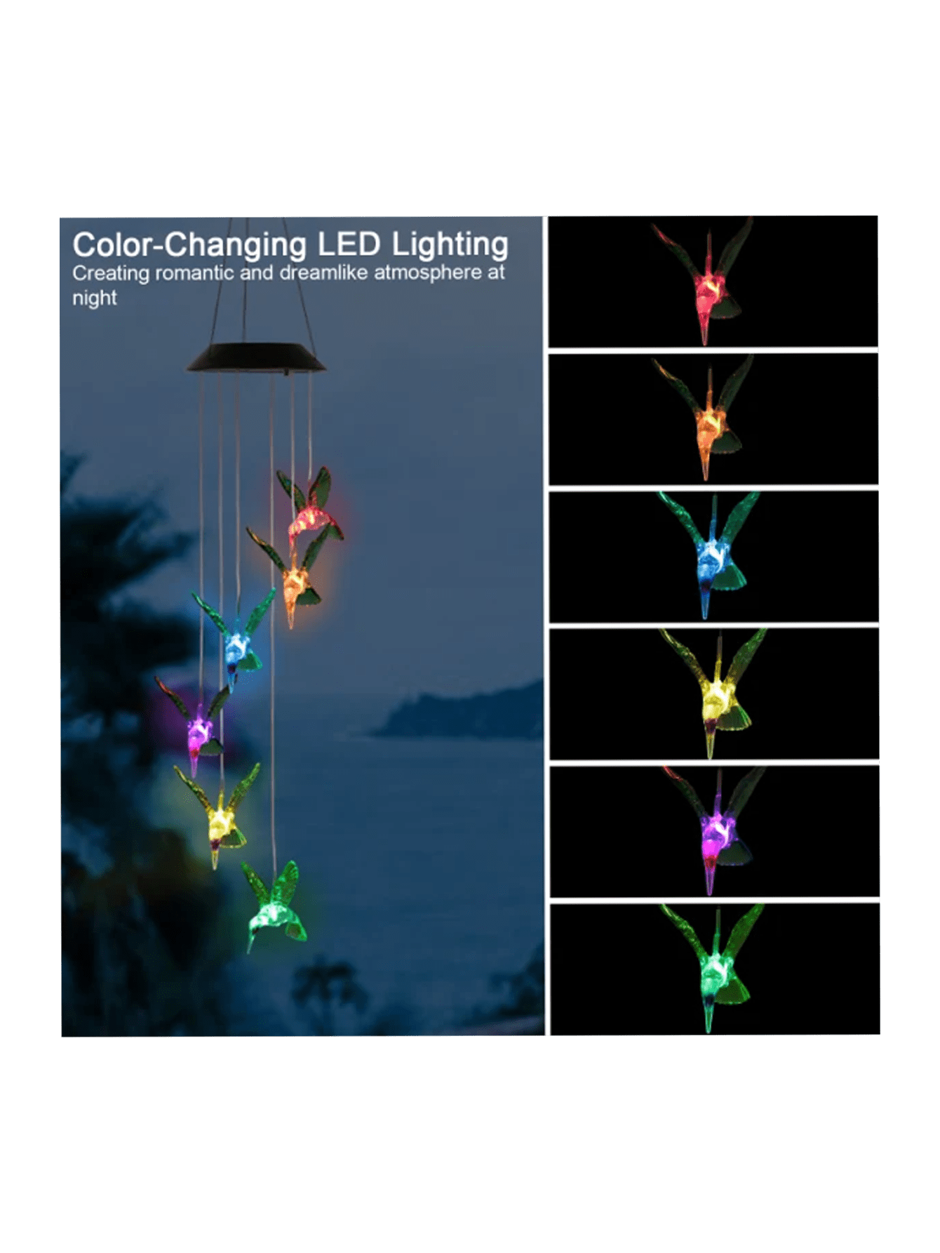 LED Solar Hummingbird Wind Chime Solar String Lights 6 LEDs Color