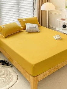 1pc Solid Color Washable Bedspread, Modern Fabric Soft Fitted Sheet For Bedroom, All Season - Yellow - View 2