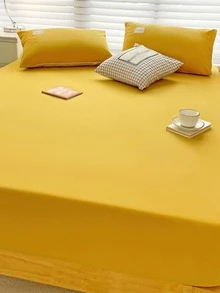 1pc Solid Color Washable Bedspread, Modern Fabric Soft Fitted Sheet For Bedroom, All Season - Yellow - View 3