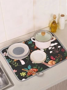 1pc Polyester Dish Drying Mat, Modern Mushroom & Snail Pattern Dish Drainer Mat For Kitchen - Dark Grey - View 1