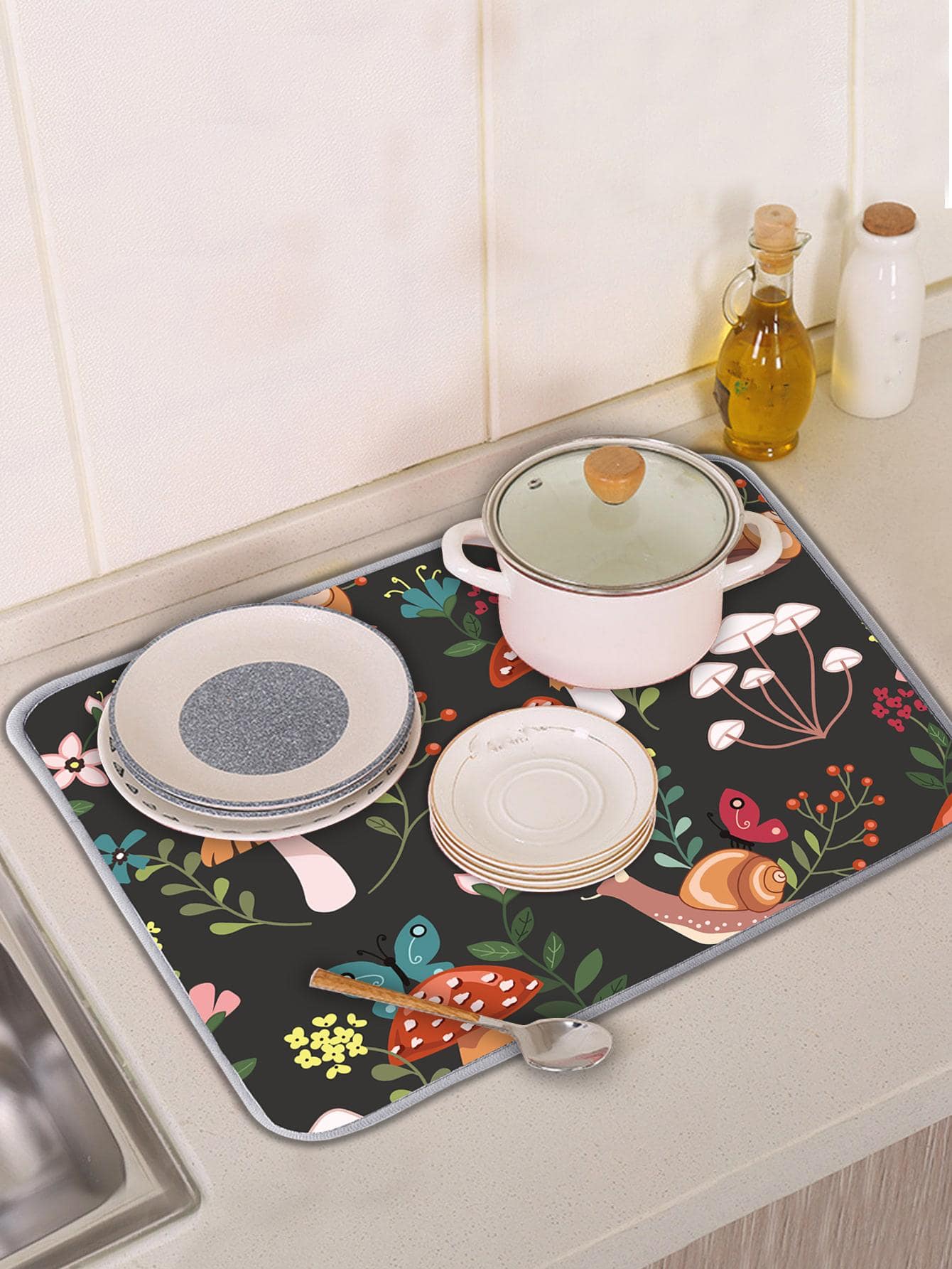 1pc Polyester Dish Drying Mat, Modern Mushroom & Snail Pattern Dish Drainer Mat For Kitchen - Dark Grey - View 1