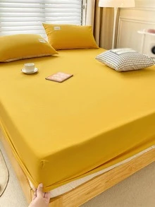 1pc Solid Color Washable Bedspread, Modern Fabric Soft Fitted Sheet For Bedroom, All Season - Yellow - View 4