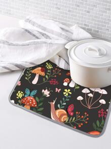 1pc Polyester Dish Drying Mat, Modern Mushroom & Snail Pattern Dish Drainer Mat For Kitchen - Dark Grey - View 2