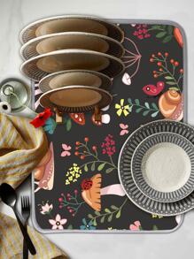1pc Polyester Dish Drying Mat, Modern Mushroom & Snail Pattern Dish Drainer Mat For Kitchen - Dark Grey - View 3