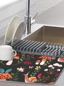 1pc Polyester Dish Drying Mat, Modern Mushroom & Snail Pattern Dish Drainer Mat For Kitchen - Dark Grey - View 5