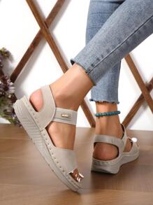 女士極簡踝帶時尚夏天坡跟涼鞋 - 米色 - 查看 5