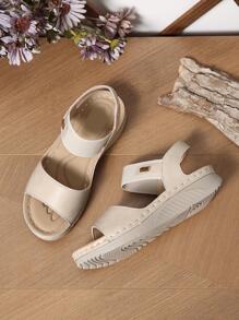女士極簡踝帶時尚夏天坡跟涼鞋 - 米色 - 查看 2