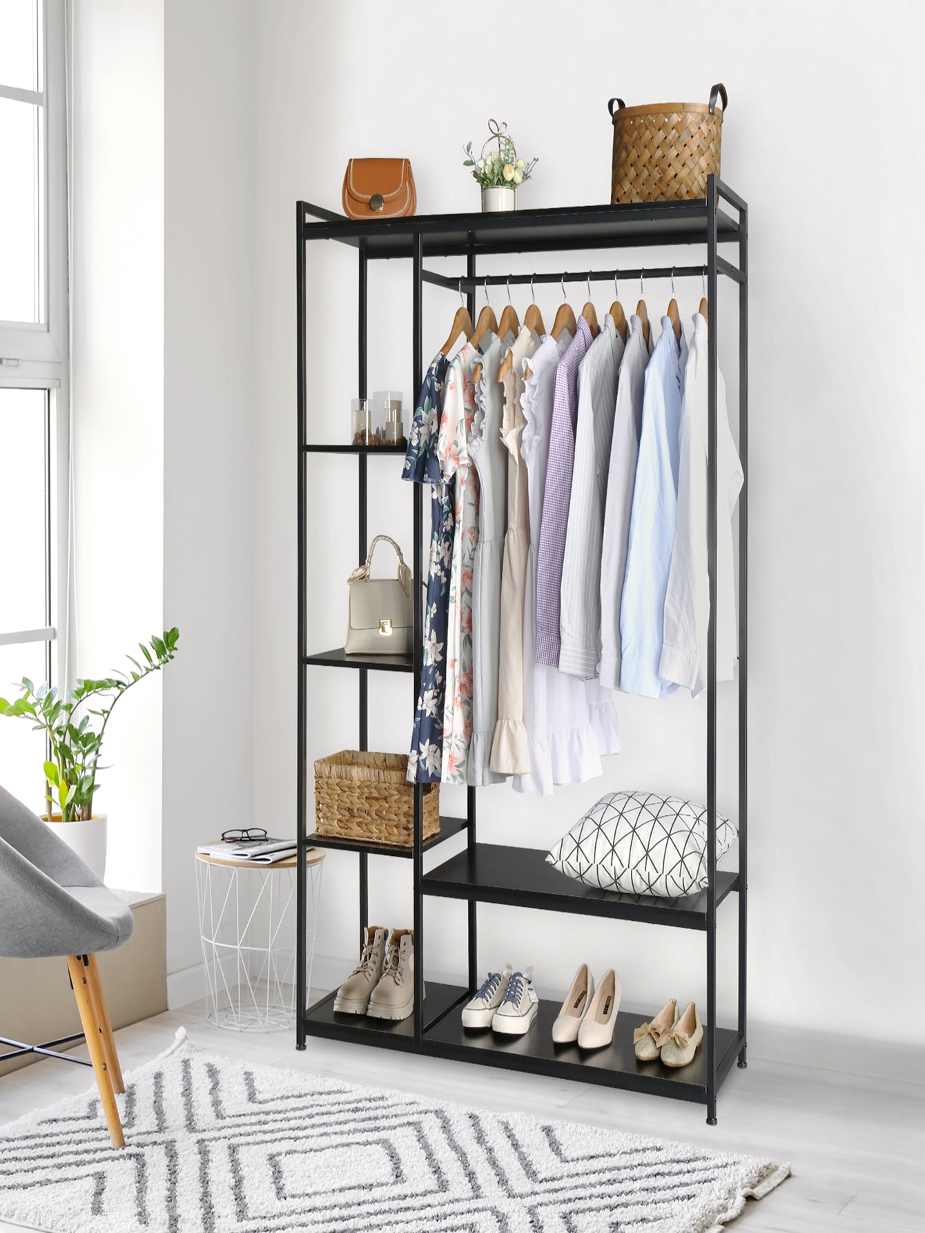 Metal Clothing Rack, Stand Alone Wardrobe Organizer,Suspender Wardrobe Hanger and Multiple