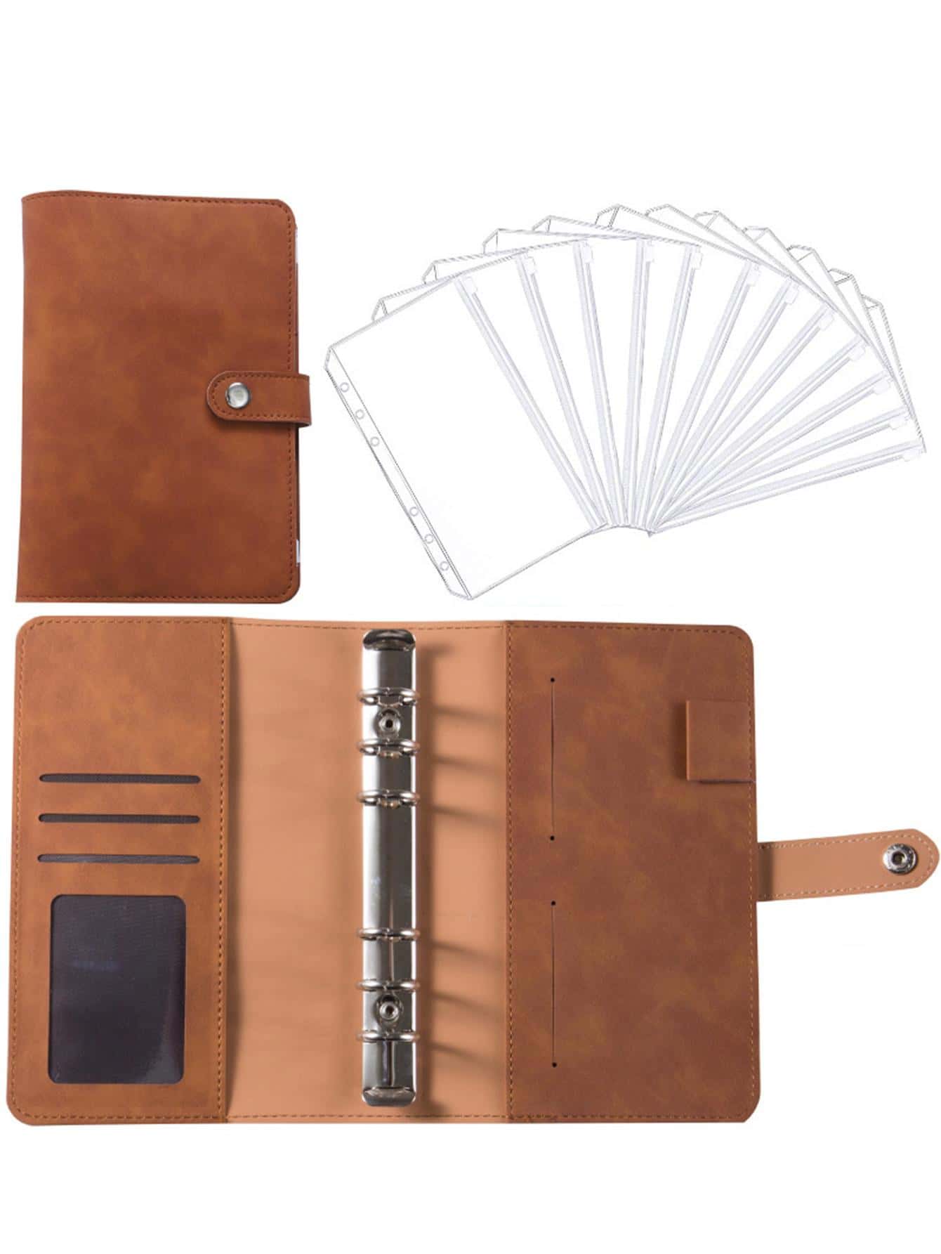 1pc Solid Color Loose-leaf Cover With File Pocket, Simple Portable Multi-purpose Loose Leaf Notebook Cover For Office, School - Rust Brown - View 1