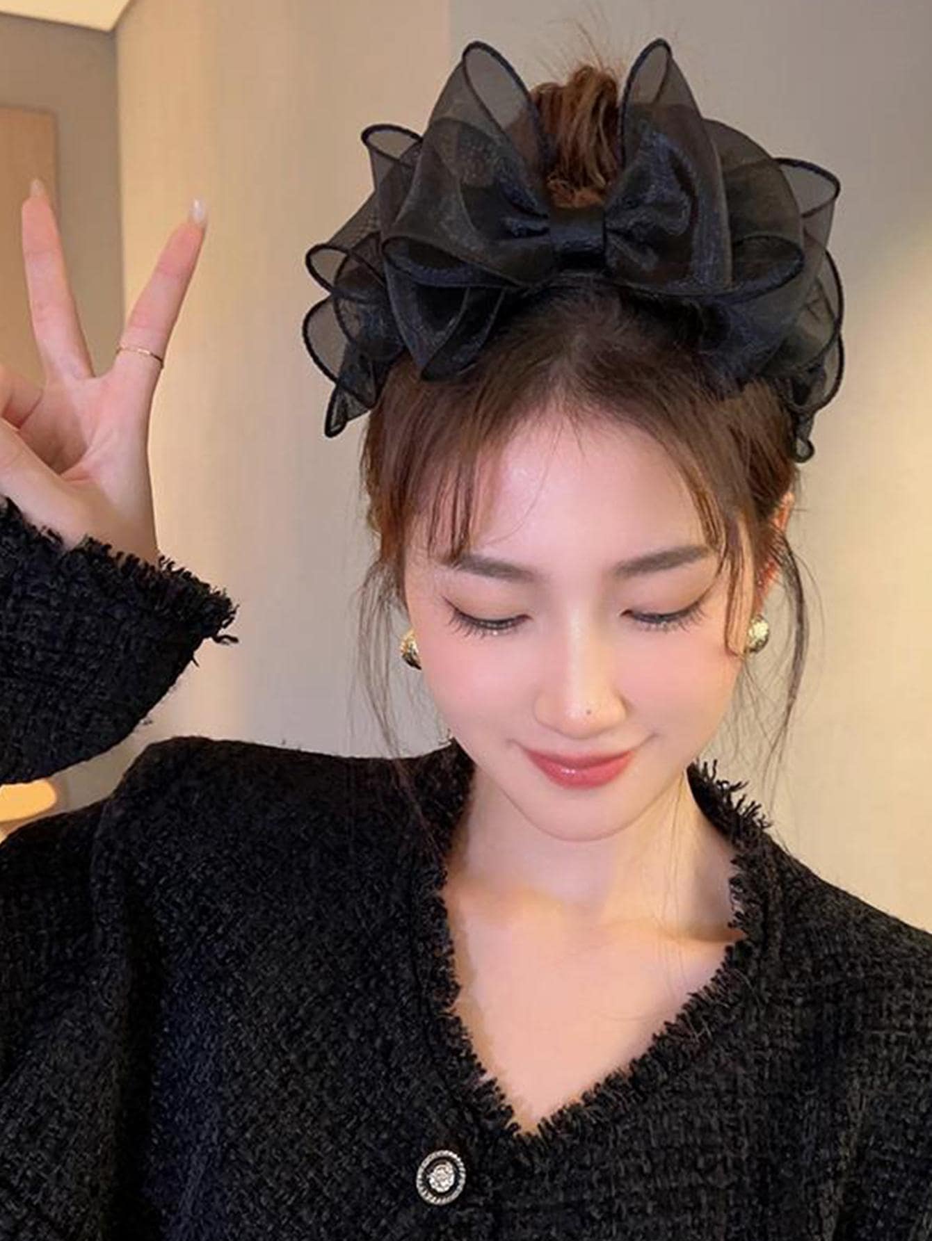 优雅女士蝴蝶结装饰时尚发箍,黑色,单件装,黑色,礼品发饰,头饰 - 黑色 - 查看 1