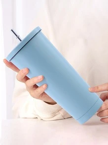 1pc Stainless Steel Cup With Straw & Cover, Modern Blue Water Cup For Kitchen - Baby Blue - View 1