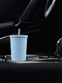 1pc Stainless Steel Cup With Straw & Cover, Modern Blue Water Cup For Kitchen - Baby Blue - View 6