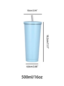 1pc Stainless Steel Cup With Straw & Cover, Modern Blue Water Cup For Kitchen - Baby Blue - View 2