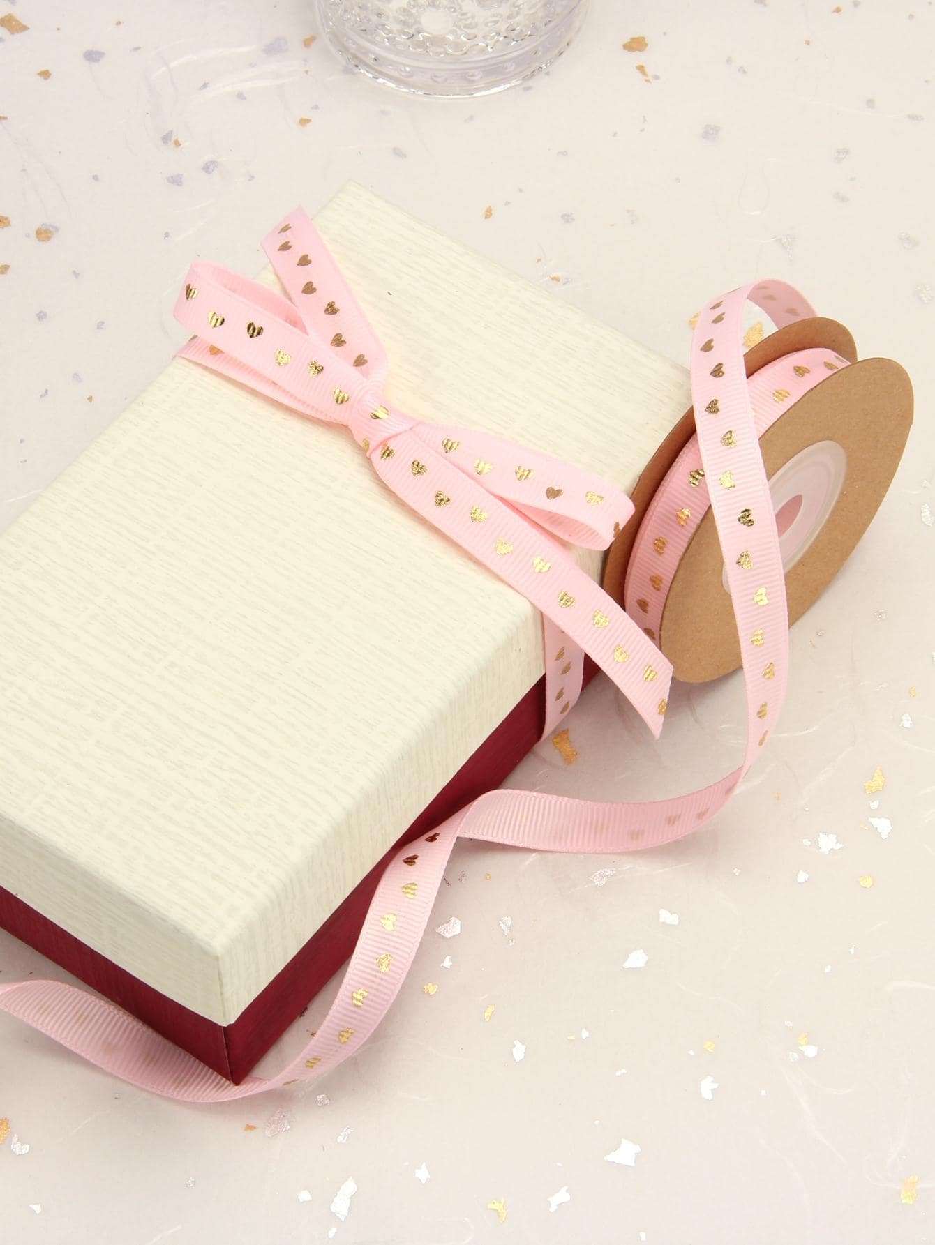 1roll Metallic Heart Pattern Gift Wrapping Ribbon, DIY Pink Polyester Gift Tie Strip, For Party - Pink - View 1