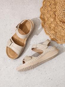 Women Hook-and-loop Fastener Wedge Sandals, Ankle Strap Fashion Sandals - Beige - View 2