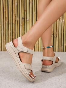 Women Hook-and-loop Fastener Wedge Sandals, Ankle Strap Fashion Sandals - Beige - View 6