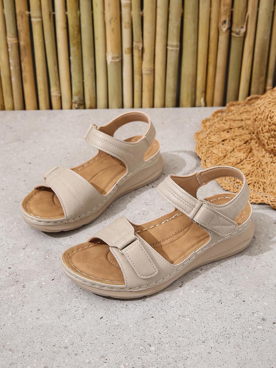 Women Hook-and-loop Fastener Wedge Sandals, Ankle Strap Fashion Sandals - Beige - View 1