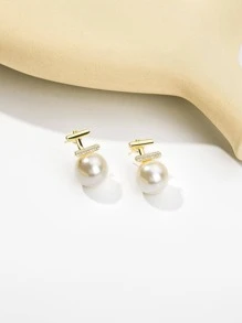 1對時尚水鑽和人造珍珠裝飾耳夾適合女士日常裝飾銅首飾類 - 金色 - 查看 2