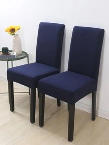 1pc Solid Color Stretchy Chair Slipcover, Navy Blue Simple Polyester Washable Chair Dust Cover, For Dining Room - Navy Blue - View 2