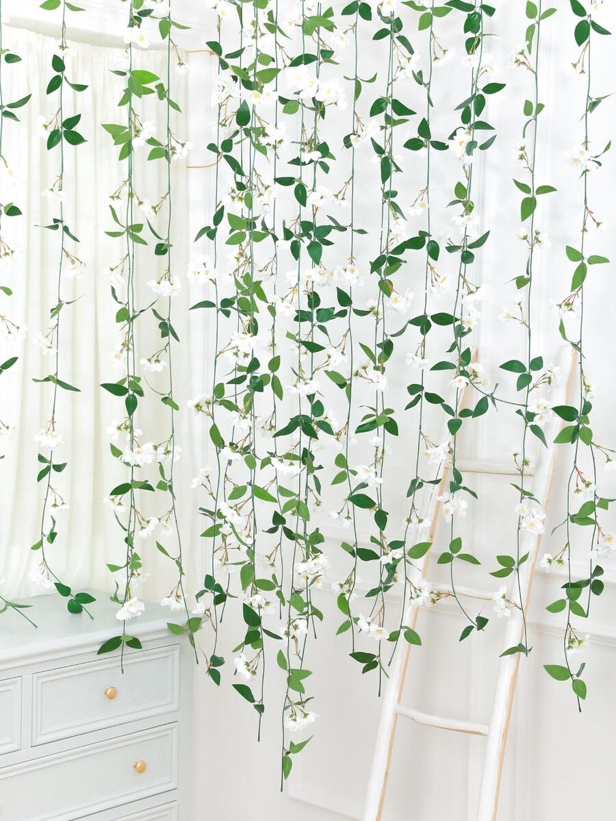 1pc Artificial Flower Vine, White Polyester Hanging Fake Flower Garland, For Home Decor - White - View 1