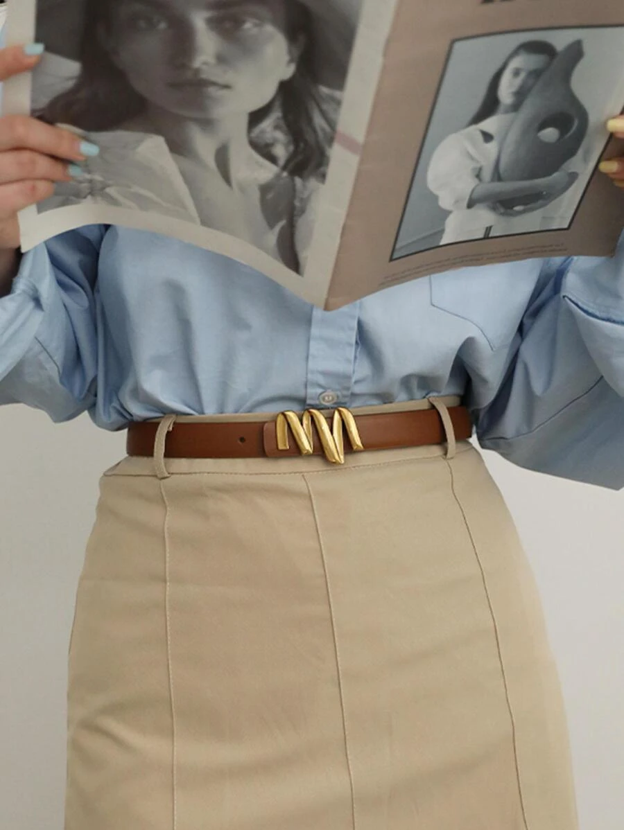 1入組女性波浪狀的裝飾復古皮帶適用於日常生活 - 卡其色 - 查看 1