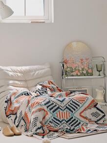 1pc Geometric Pattern Tassel Decor Blanket, Modern Knitted Fabric Blanket For Bed For Living Room