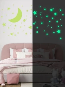 64 Ngôi Sao Xanh Và Mặt Trăng Phát Sáng Trong Bóng Tối Dán Tường, PVC Chống Thấm Nước Dán Tường Trang Trí Cho Gia Đình - màu xanh lá - Xem 4