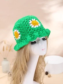 1pc Handmade Crochet Sunflower Pattern Decorated Color-Block Patchwork Bucket Hat, Lovely & Sweet Style, Perfect For Traveling And Outdoor Activities For Women - Green - View 8