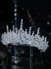 1件装华丽立方氧化锆皇冠，女士婚礼生日皇家头饰。情人节配饰 - 銀色 - 查看 3