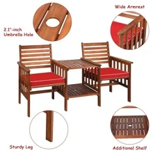 Costway Patio Loveseat Conversation Set Acacia Wood Chair Coffee Table Cushioned - 紅色 - 查看 6
