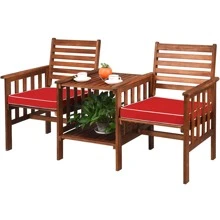 Costway Patio Loveseat Conversation Set Acacia Wood Chair Coffee Table Cushioned - 紅色 - 查看 8