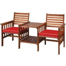 Costway Patio Loveseat Conversation Set Acacia Wood Chair Coffee Table Cushioned - 紅色 - 查看 11