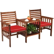 Costway Patio Loveseat Conversation Set Acacia Wood Chair Coffee Table Cushioned - 紅色 - 查看 10