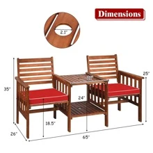 Costway Patio Loveseat Conversation Set Acacia Wood Chair Coffee Table Cushioned - 紅色 - 查看 2