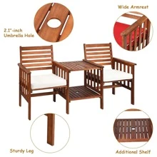 Costway Patio Loveseat Conversation Set Acacia Wood Chair Coffee Table Cushioned - White - View 7
