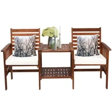 Costway Patio Loveseat Conversation Set Acacia Wood Chair Coffee Table Cushioned - White - View 9