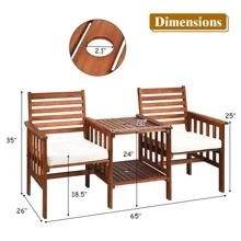 Costway Patio Loveseat Conversation Set Acacia Wood Chair Coffee Table Cushioned - White - View 3