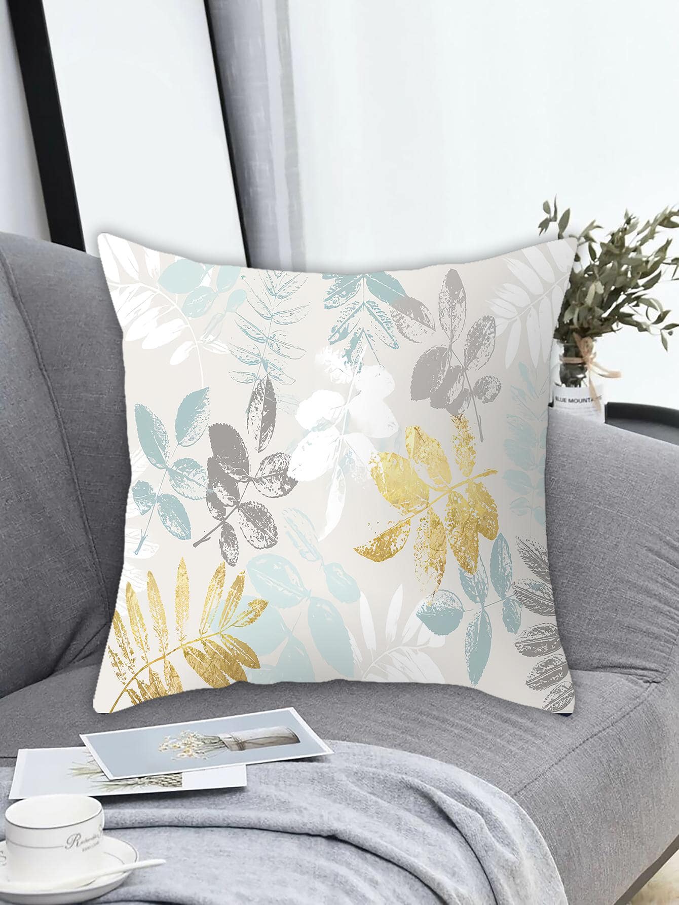 1入組葉子圖案靠墊套無填充物現代布藝裝飾抱枕套適合家用 - 彩色 - 查看 1