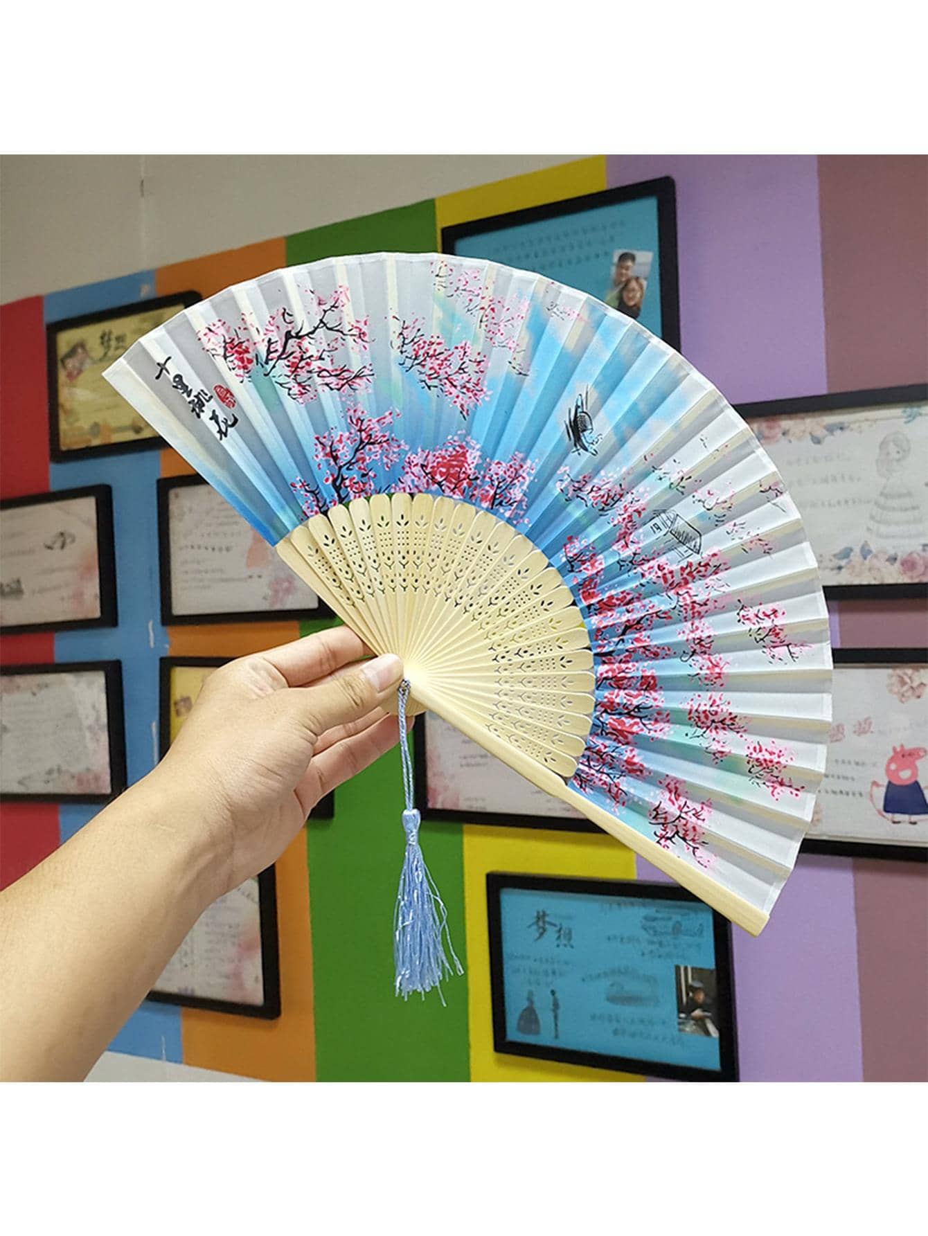 竹子折扇女士中式古董扇學生禮品扇,不附帶扇支架 - 彩色 - 查看 5